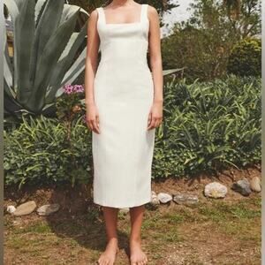 Zara Linen Blend Square Neck Wide Straps Midi Stretch Dress Back Slit S White